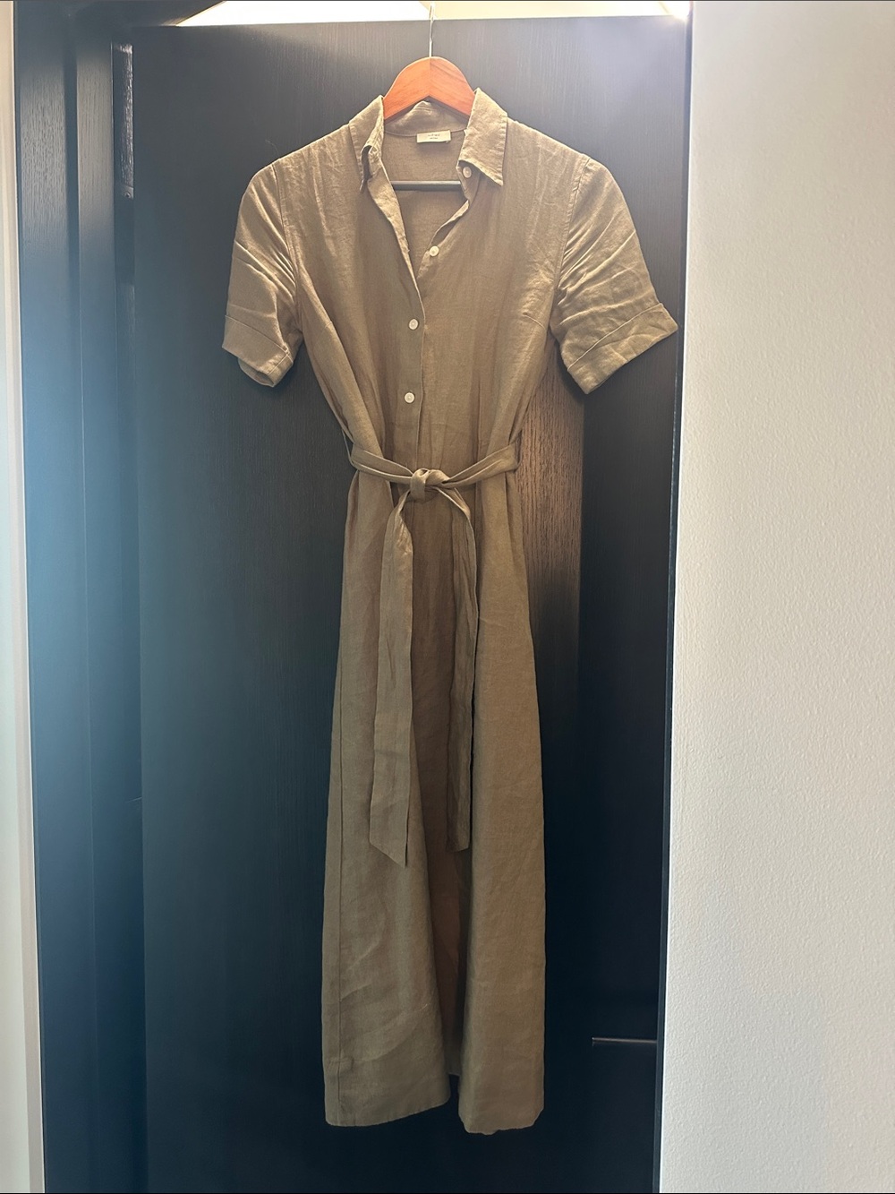 Aritzia Wilfred Eleta Linen Belted Midi/Maxi Dress, Short Sleeve, Olive Green